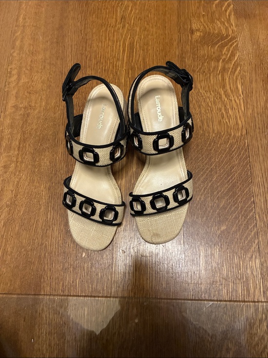 Larroude Shoes - Larroude Black and Beige Open-Toe Heeled Sandals with Decorative Buckles